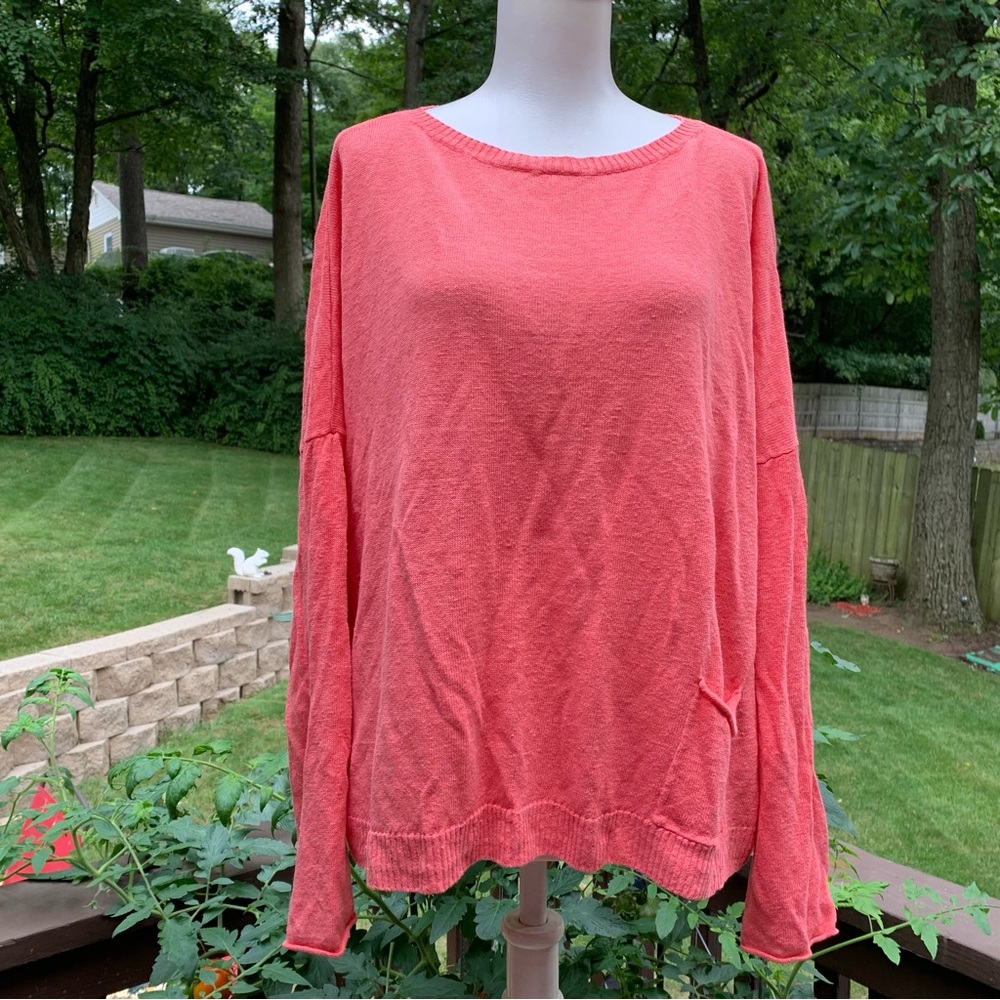 Eileen Fisher Sweater Small Women's 100% Organic Linen Coral Longsleeve Pullover